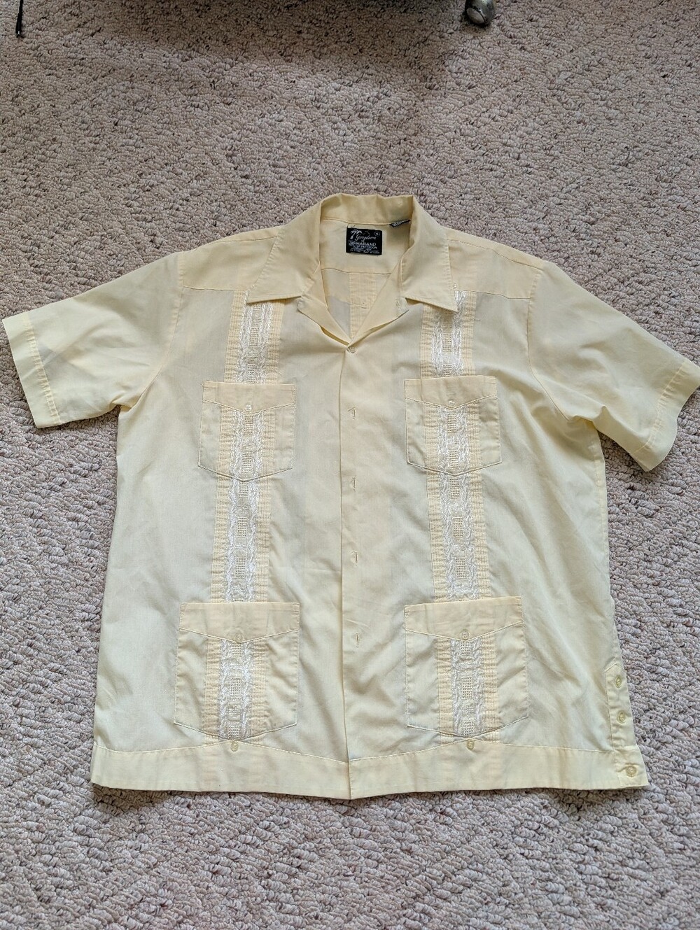 Vintage '80s Butter Yellow Cuban 4 Pocket Button Down Pleated Ornate Guayabera